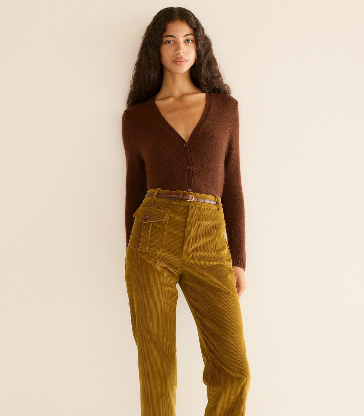 CAMERON CASHMERE CARDIGAN -- DARK UMBER