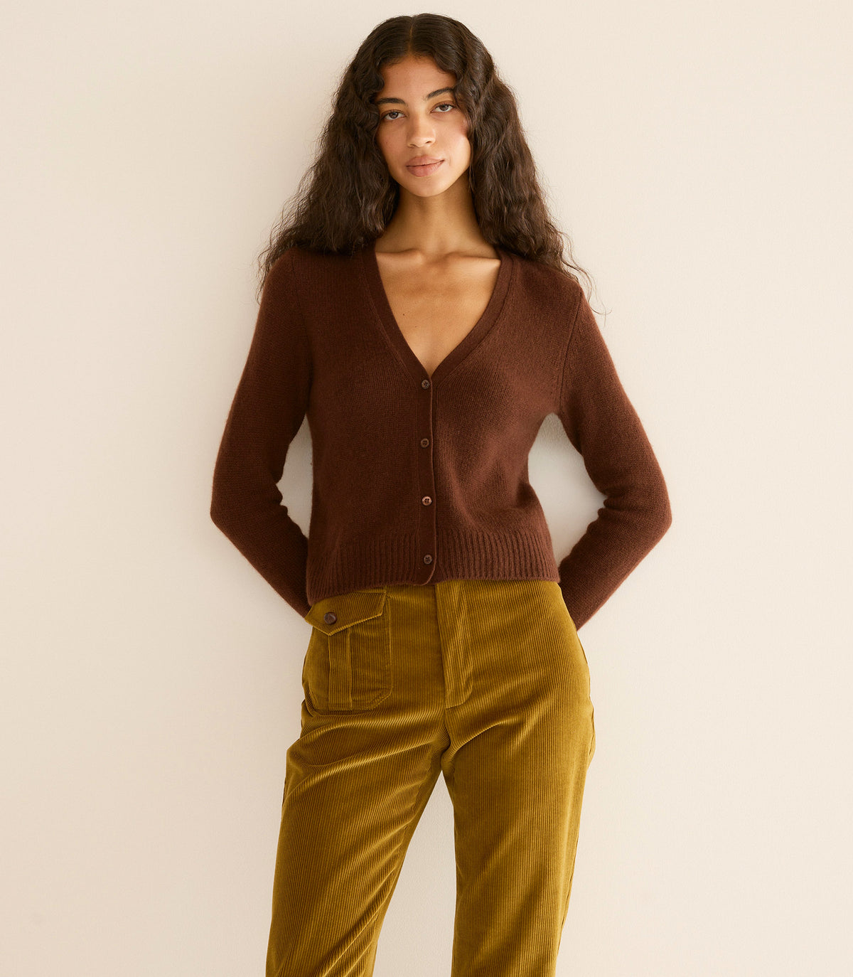 CAMERON CASHMERE CARDIGAN -- DARK UMBER