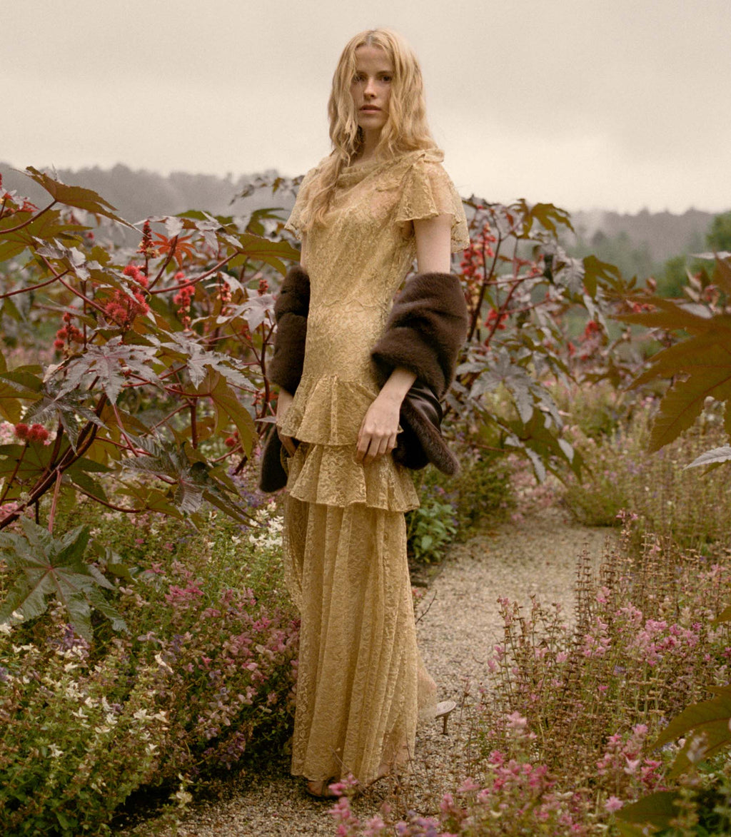 GARBO DRESS -- BURNISHED GOLD LACE