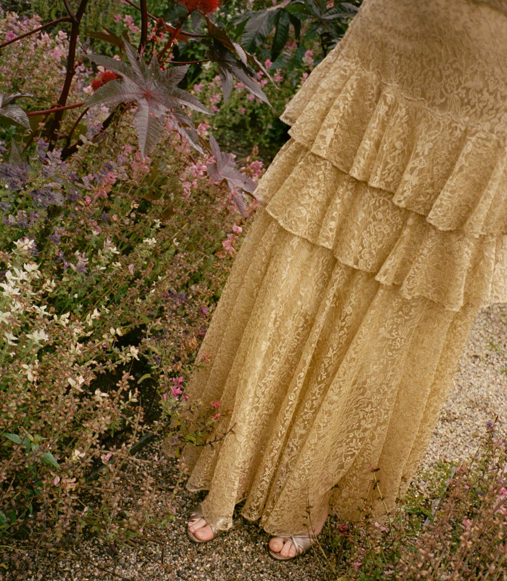 GARBO DRESS -- BURNISHED GOLD LACE