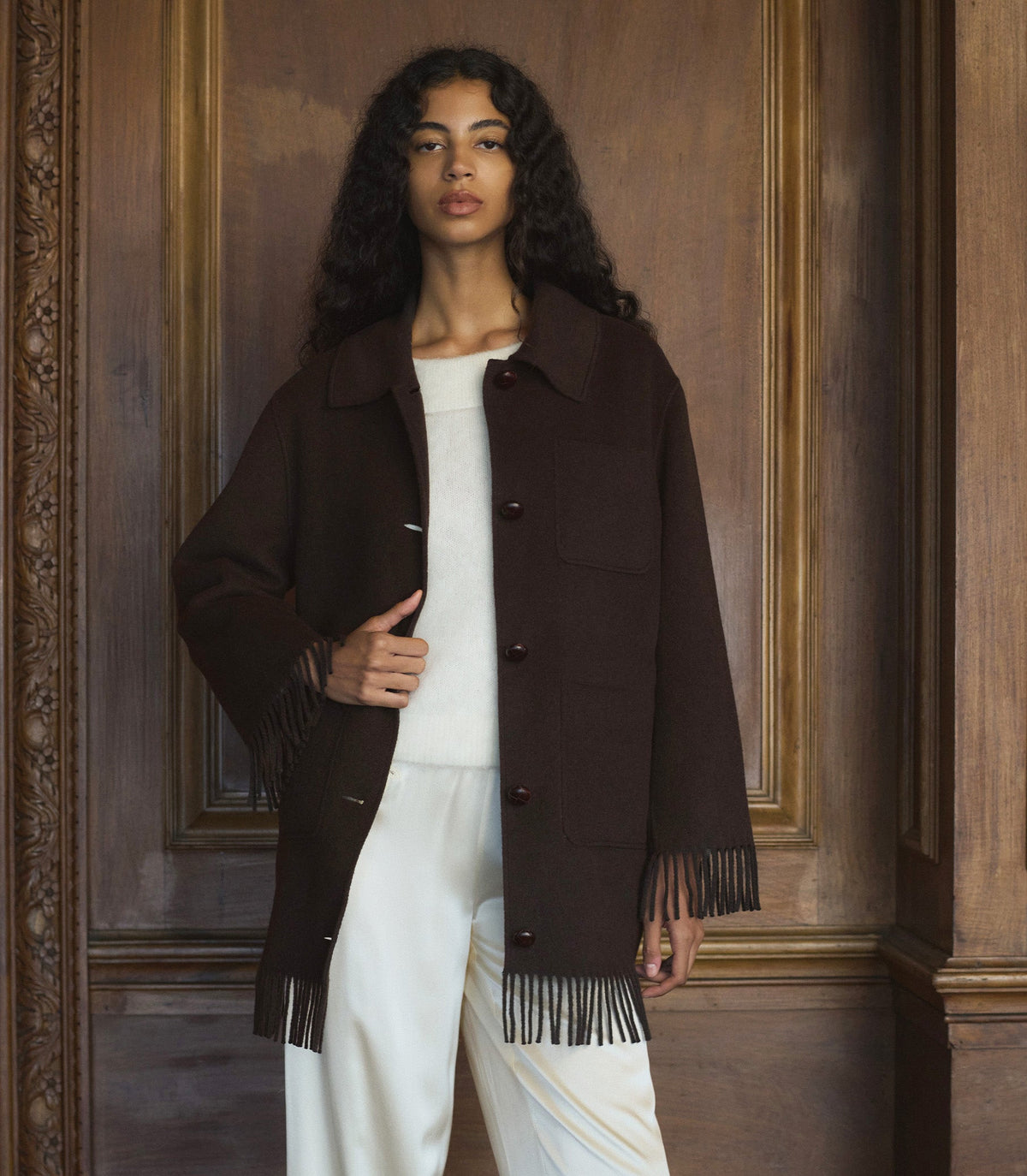 GERMAIN FRINGE COAT -- BITTER CHOCOLATE