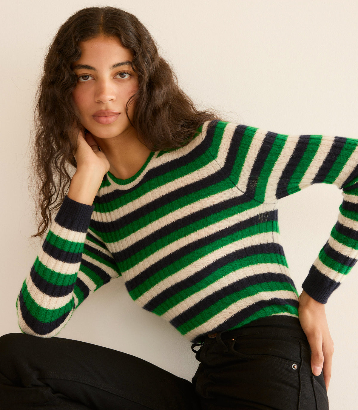 HYERES CASHMERE SWEATER -- VERT CARRINGTON STRIPE