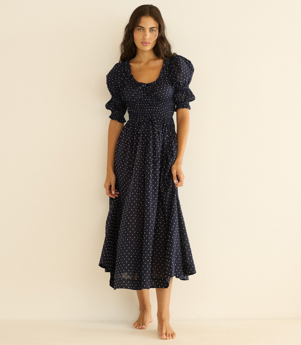 ISCHIA DRESS -- NAVY FLOCK DOT