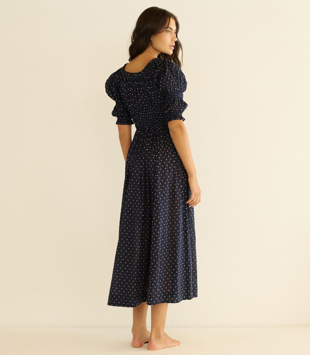 ISCHIA DRESS -- NAVY FLOCK DOT