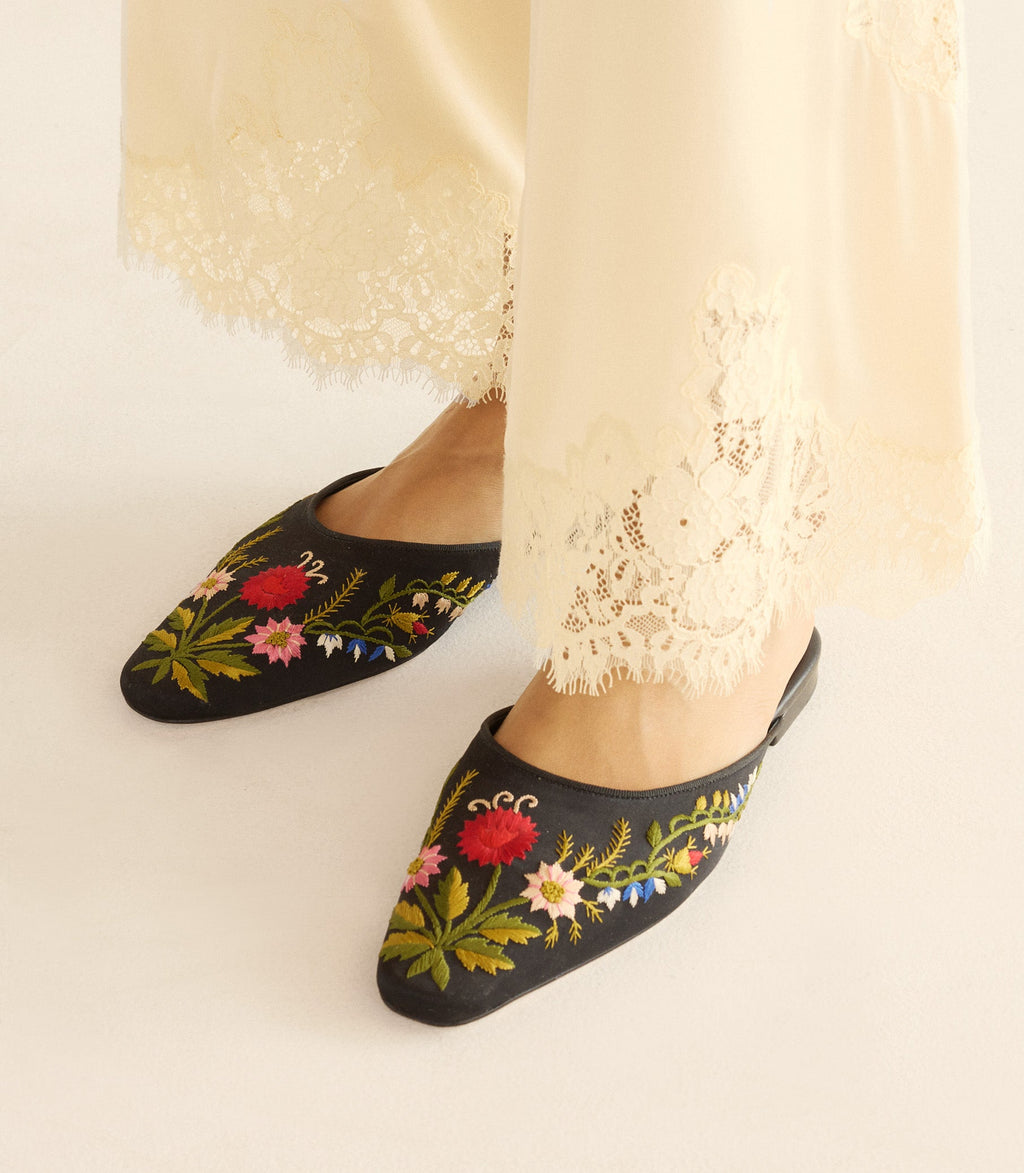WREN MULE -- EMBROIDERED BLACK SATIN